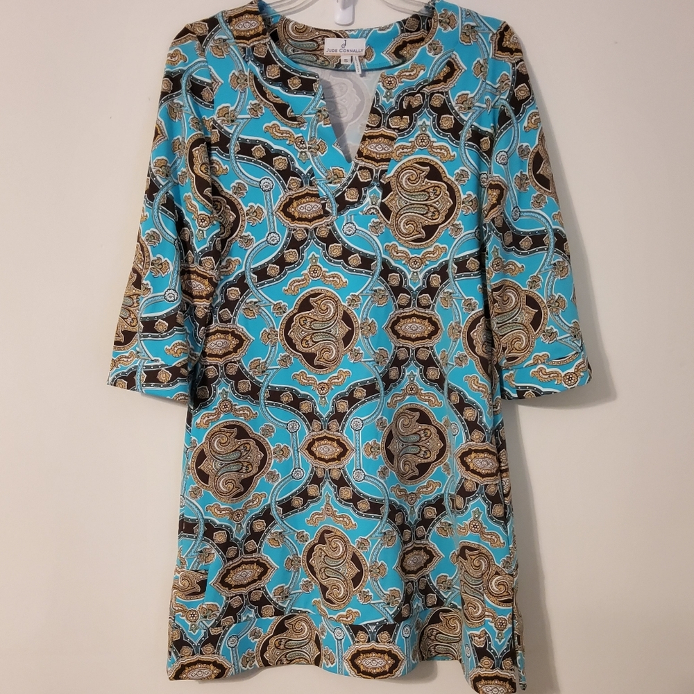 Jude Connally Blue and Brown Intricate Patterned 3/4 Sleeves Shift Midi Dress